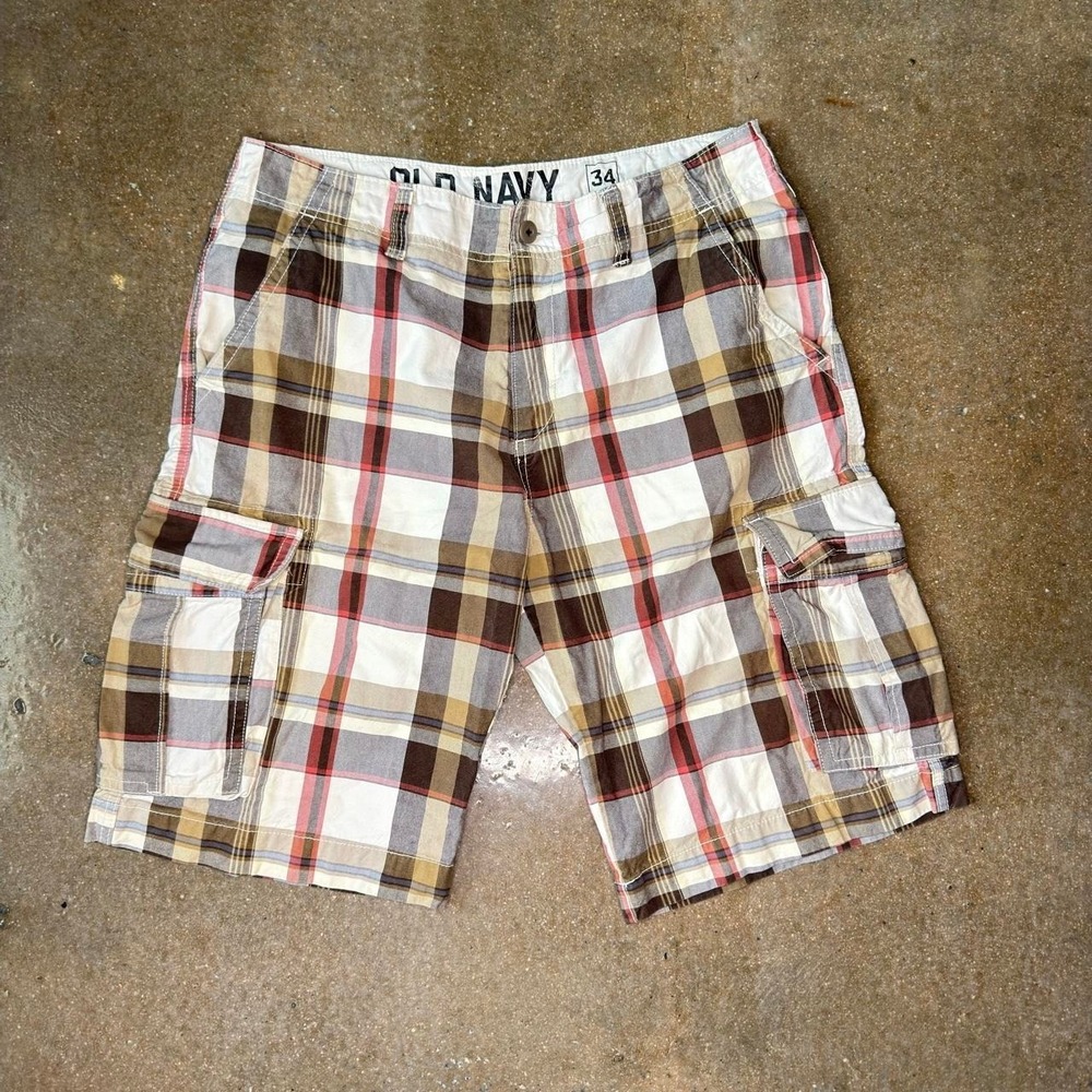 Old Navy Plaid Cargo Shorts Men's 34 Multicolor Y2K 2000s Utility Pocket